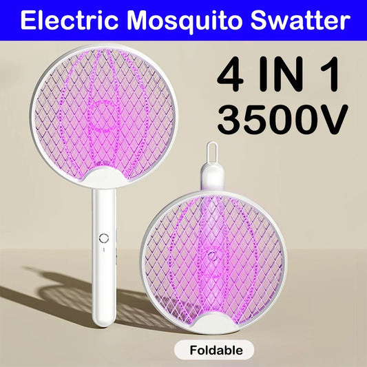 USB Rechargeable Foldable Electric Mosquito Swatter 3500V Killer Fly Swatter Trap 4 IN 1 Insect Killer With UV Light Bug Zapper